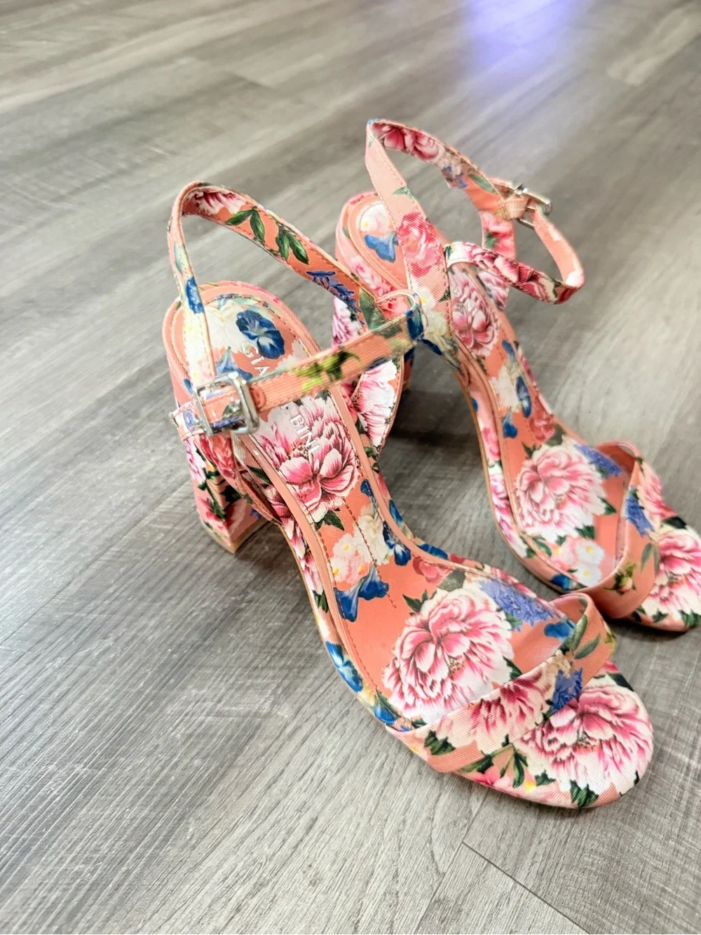 Floral Pink Peach Block Heel Sandals with Ankle Strap